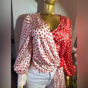 Ina Red and White Polka Dot Wrap Blouse